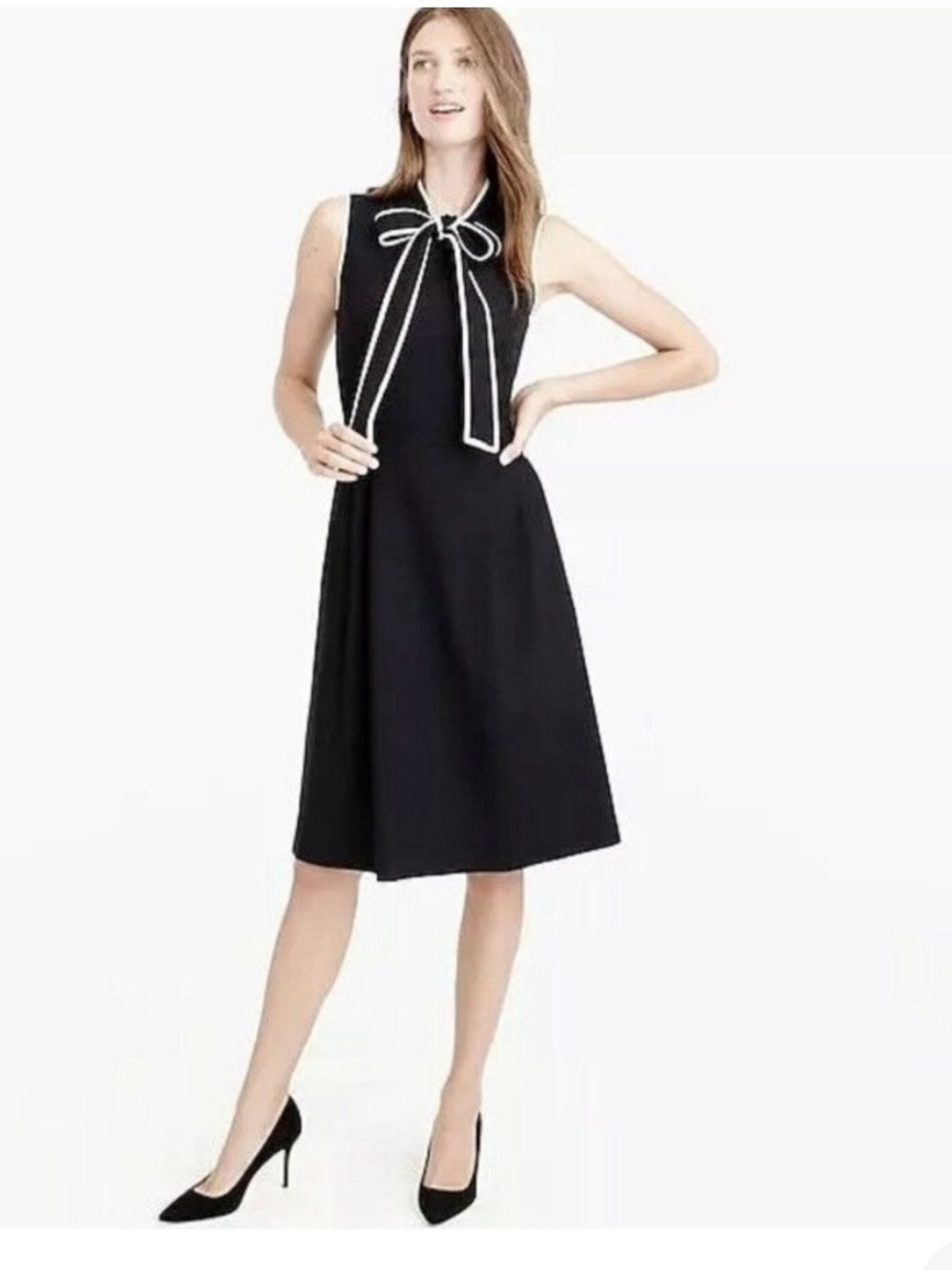 J.Crew Tie Neck Bow Wool Crepe Dress Navy Size 4 F8833 Luxury Silk Trim ALine